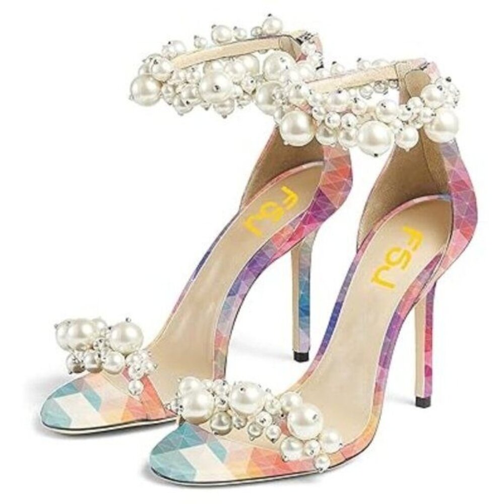 FSJ Women Fashion Dressy High Heel Stiletto Open Toe Pump Sandal Full Pearls